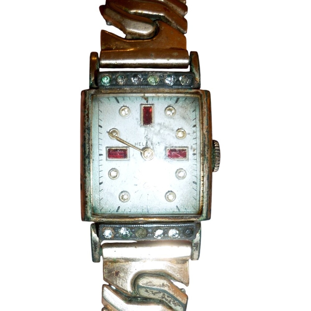 Vintage Helbros Tank Watch Runs Art Deco Ruby Crystal Dial 10K GF Band